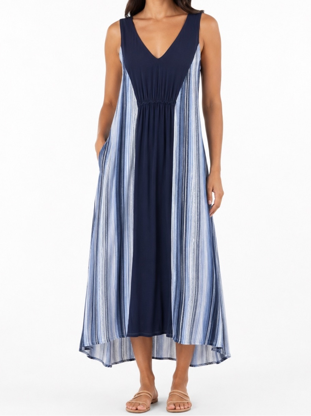 Simply Vera Vera Wang Navy and Light Blue Striped V-Neck Maxi Dress
